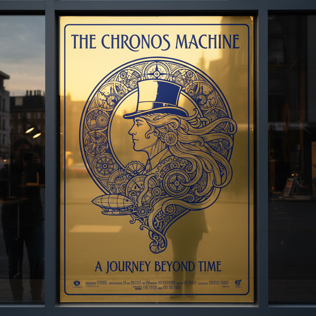 Gold mirror-finish printable film illustrated with an ornate promotional graphic in a shop window.