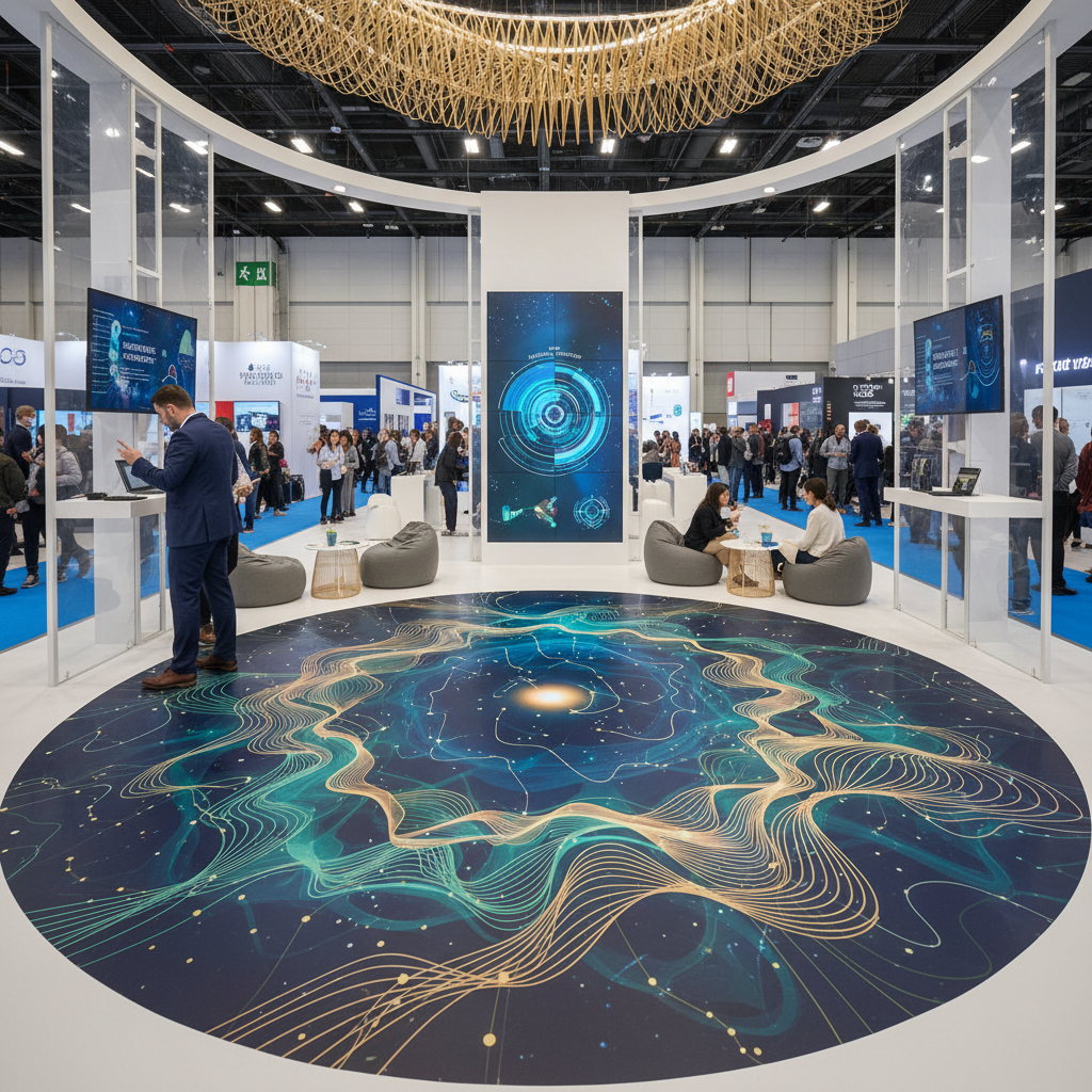 Illustrative exhibition stand with a large circular printed floor graphic.