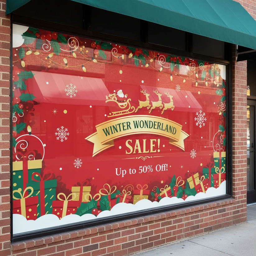 White printable window cling illustrated with a red Christmas sale graphic on a shop window.