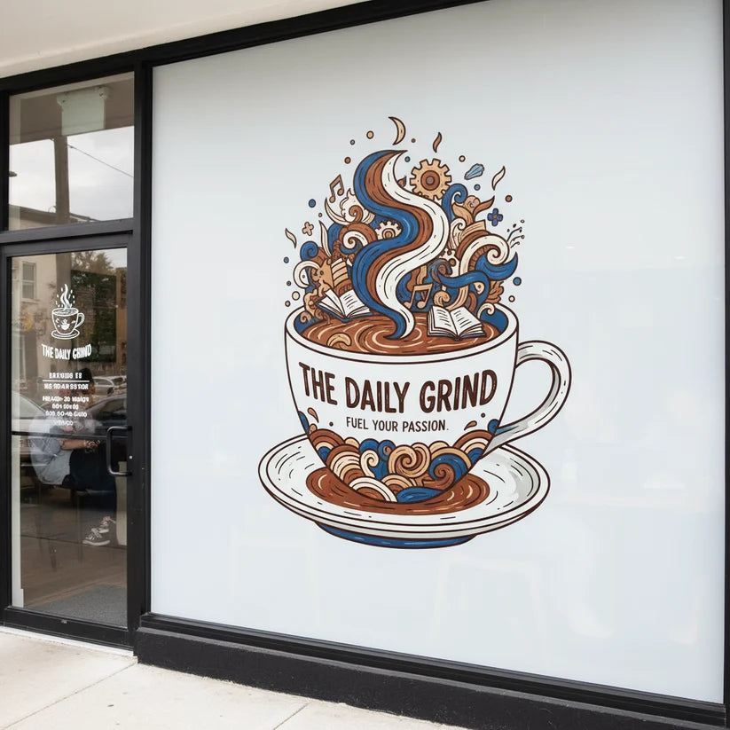 White printable window cling illustrated with a colourful coffee-cup graphic on a cafe window.