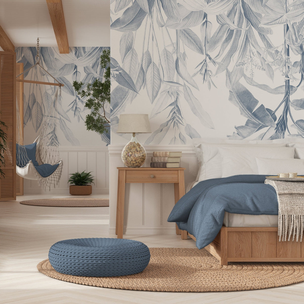Recycled printable wallcovering illustrated with a pale botanical mural in a bedroom.