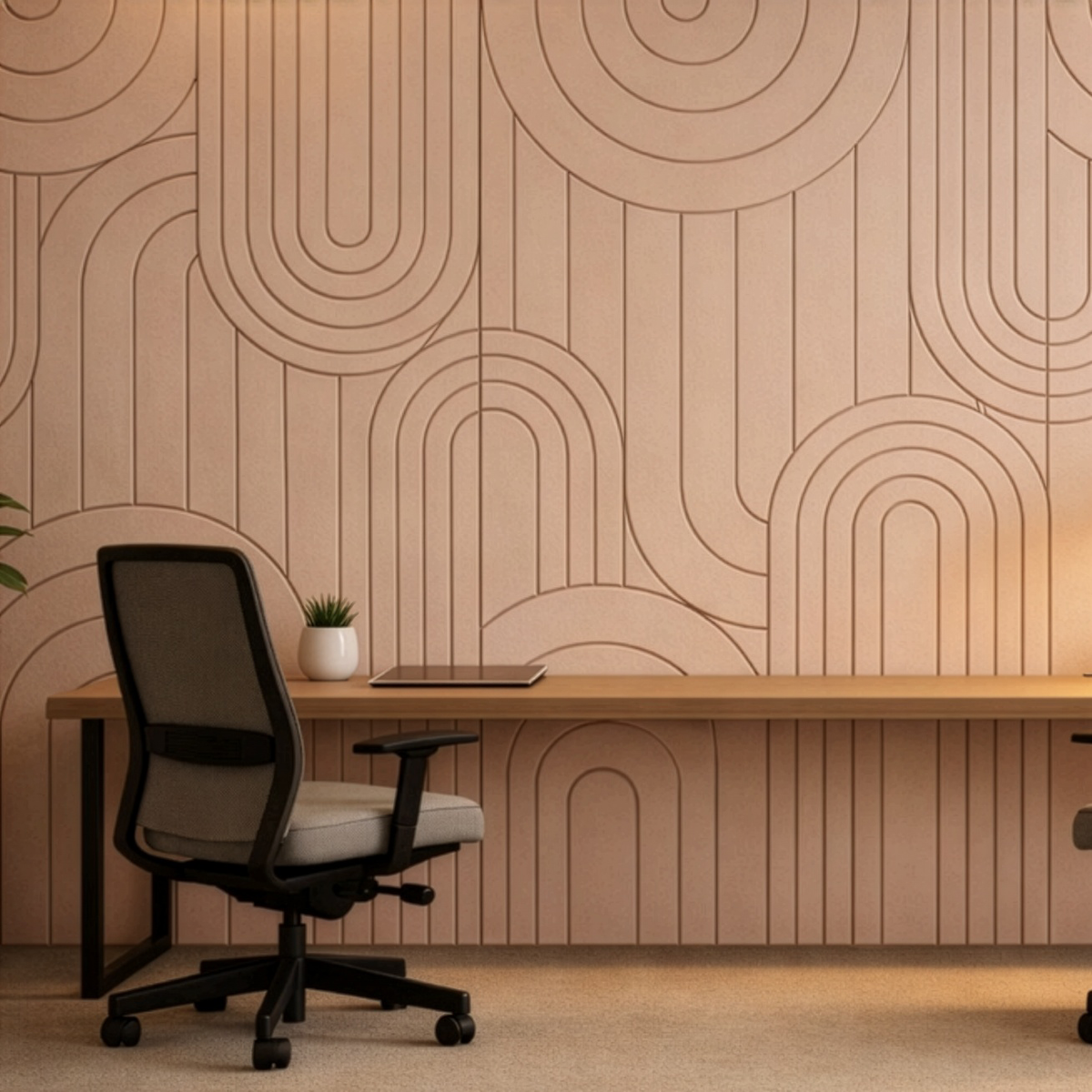 Curved geometric acoustic felt wall feature in a warm neutral office interior