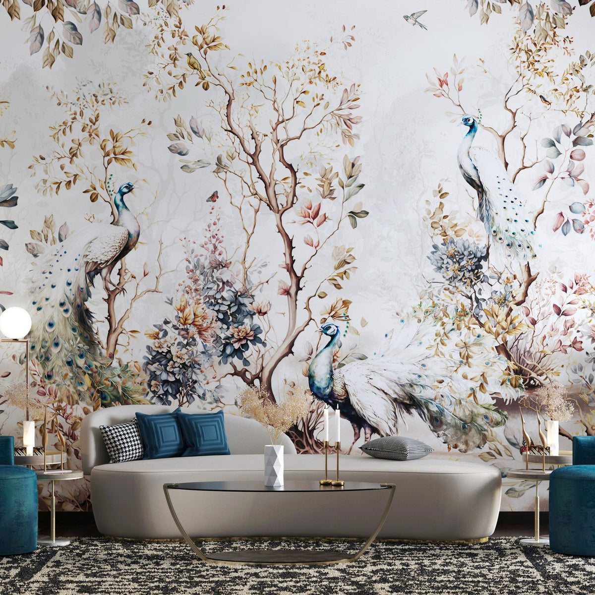 Bright silver metallic printable wallcovering illustrated with a floral mural behind a sofa.