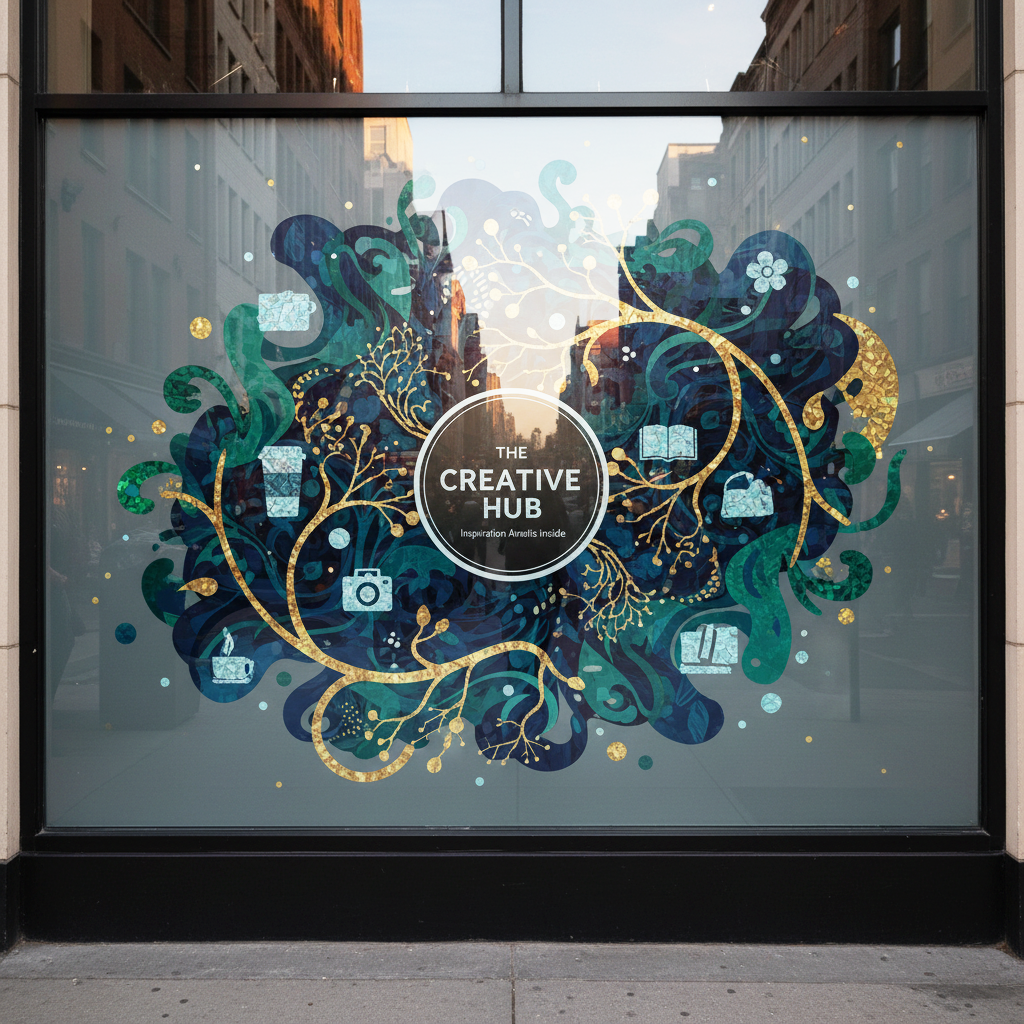Clear printable window cling illustrated with a colourful Creative Hub graphic on a shop window.