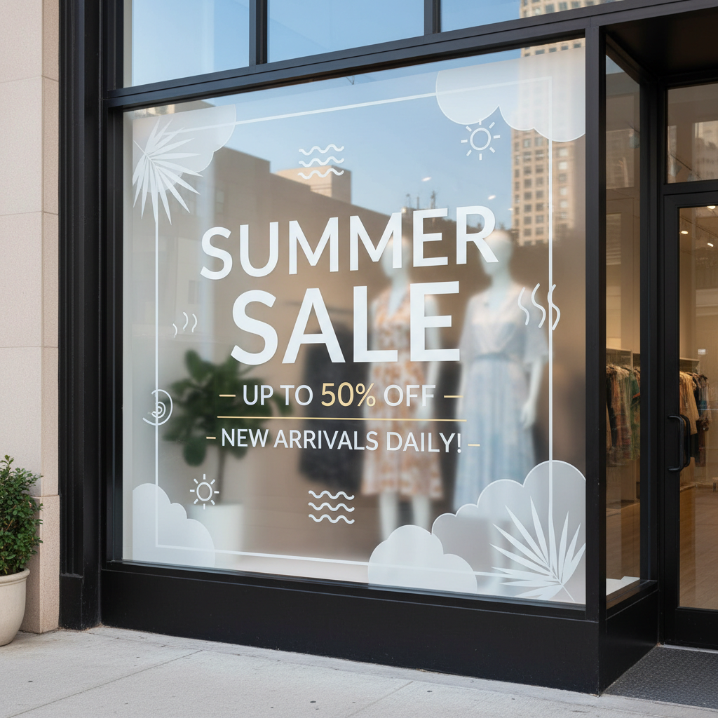 Clear printable window cling illustrated with white Summer Sale graphics on a shop window.