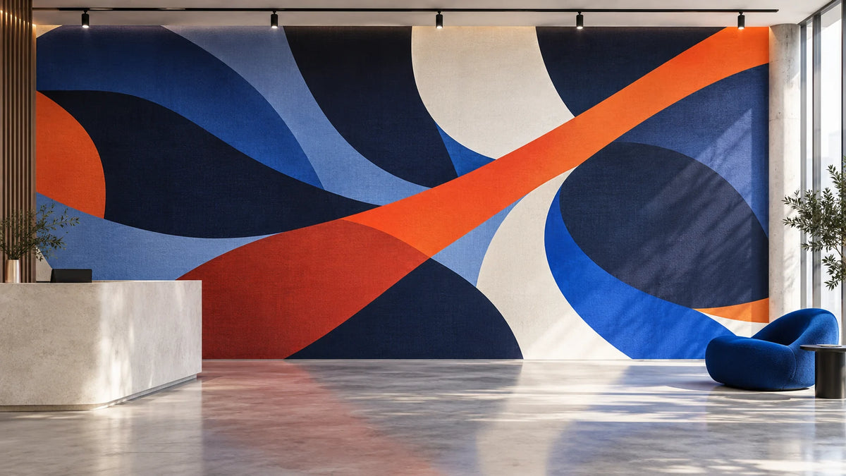 Illustrative commercial interior with a large abstract wall mural in blue, orange and white.