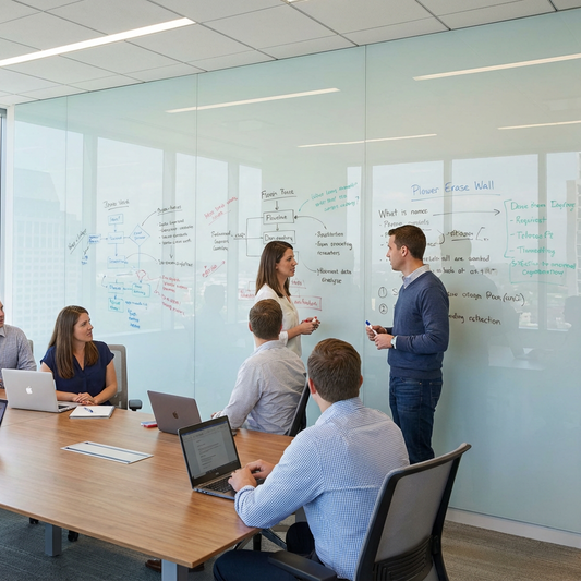 Dry-erase protective overlaminate illustrated on a writable glass wall in an office meeting room.