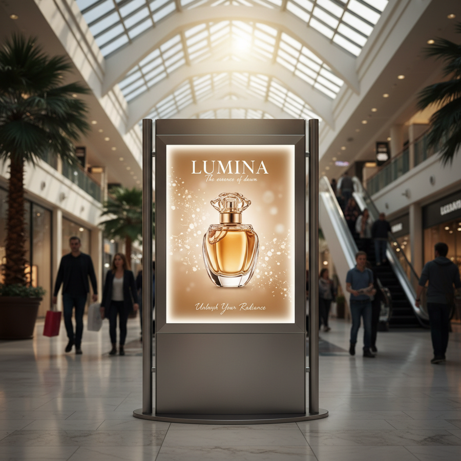 Gloss backlit printable PET film illustrated with an illuminated perfume advertisement in a shopping arcade.