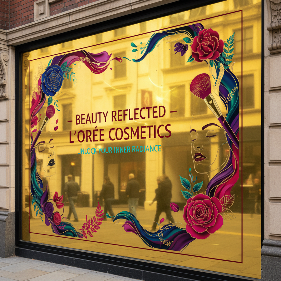 Permanent gold mirror printable film illustrated with a colourful cosmetics shop-window graphic.