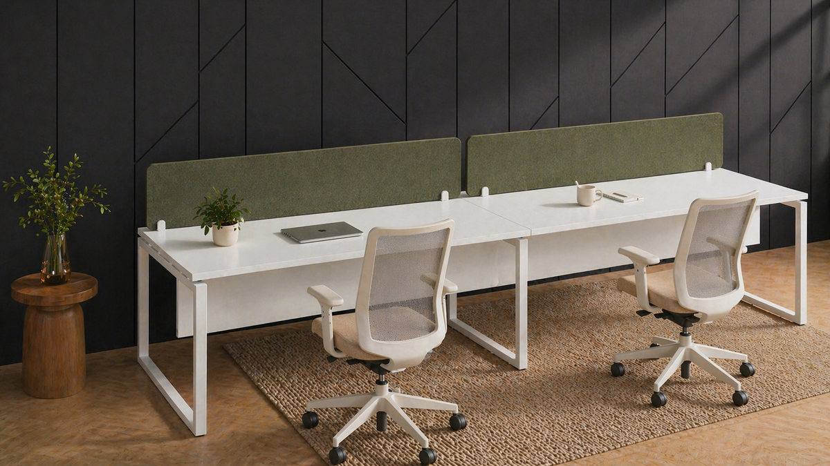 Green PET acoustic felt desk screens in an office setting