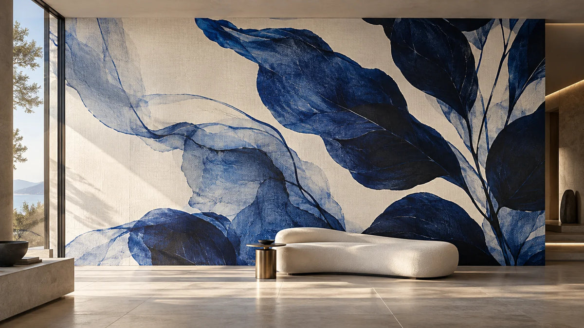 Illustrative interior with a large blue botanical wall mural behind a curved sofa.
