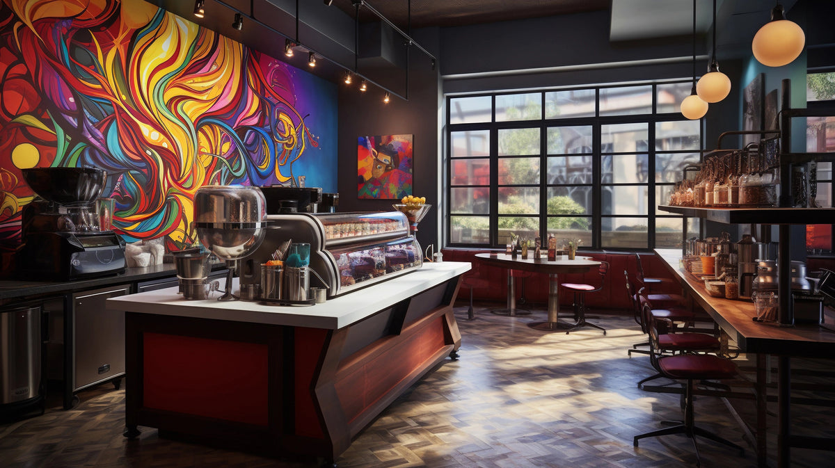 Scratch-resistant printable wall graphic film illustrated with a colourful mural in a cafe.