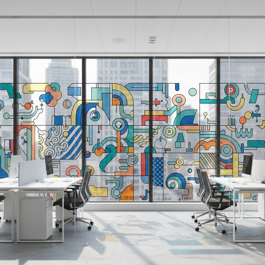 Printed clear PET window film on glazed office partitions