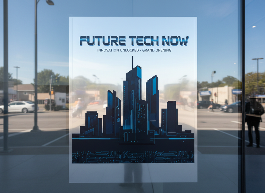 Silver metallic printable window film illustrated with a technology promotional graphic.