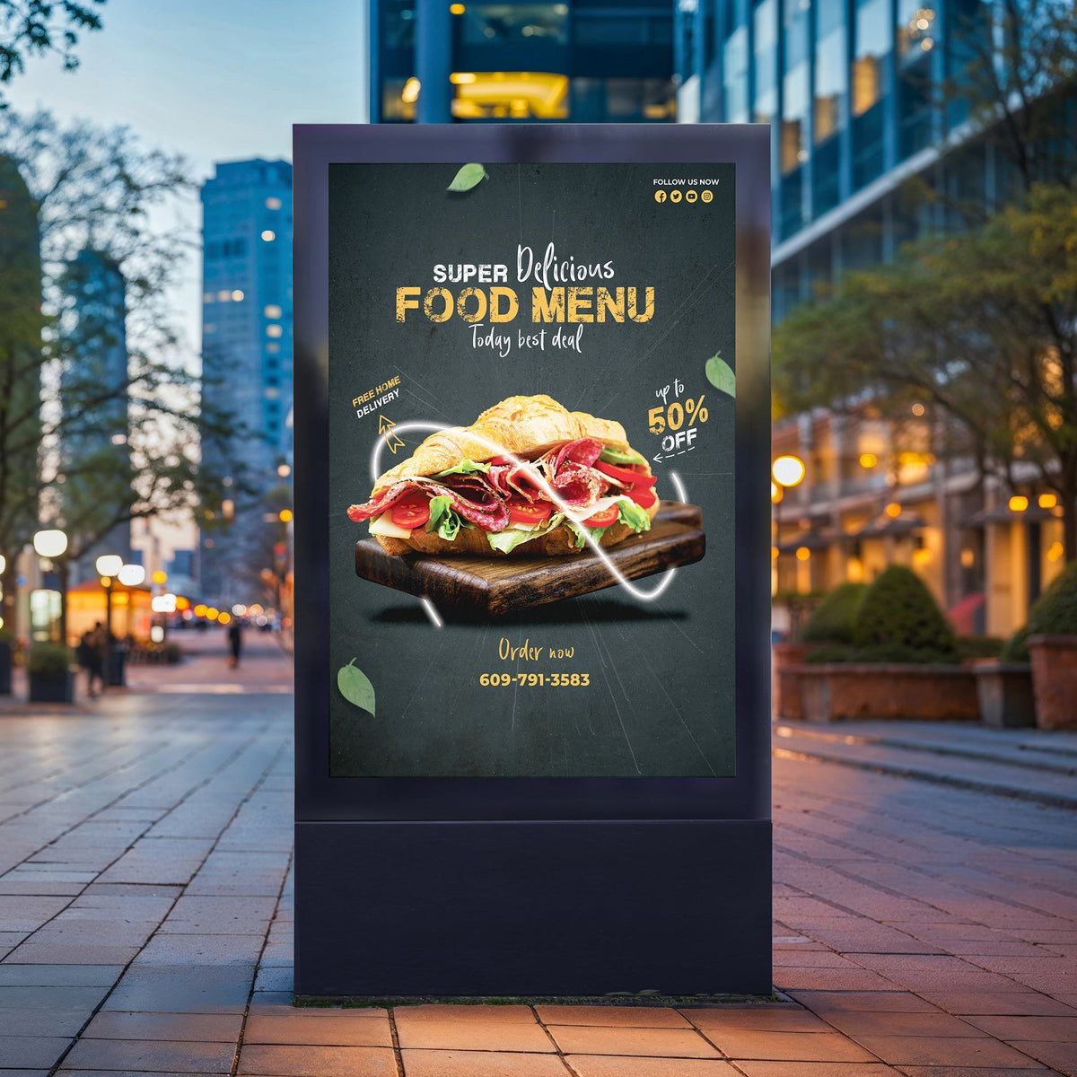 Illuminated food-menu lightbox illustrating satin printable backlit film.
