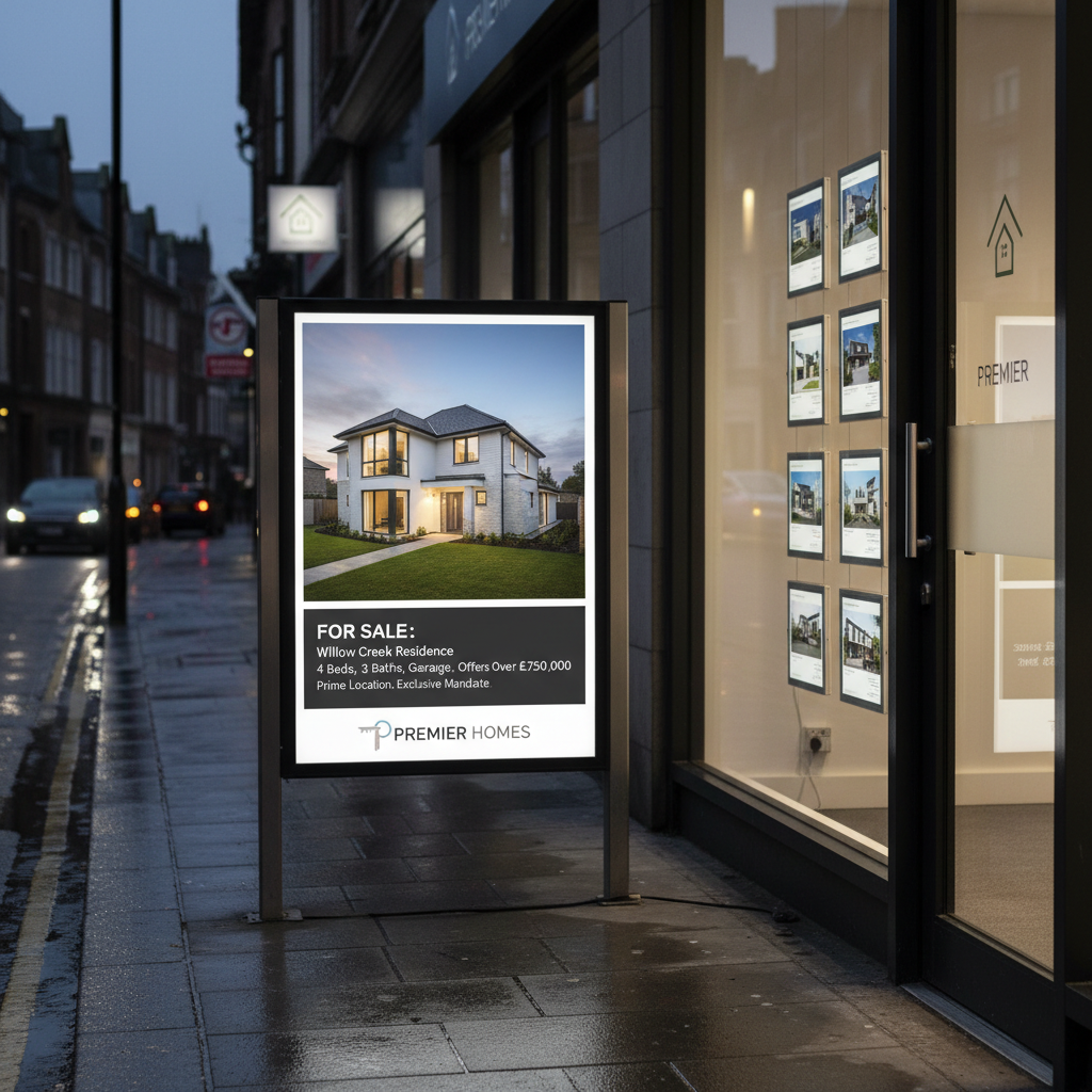 Illuminated property-advertising sign illustrating satin printable backlit film.