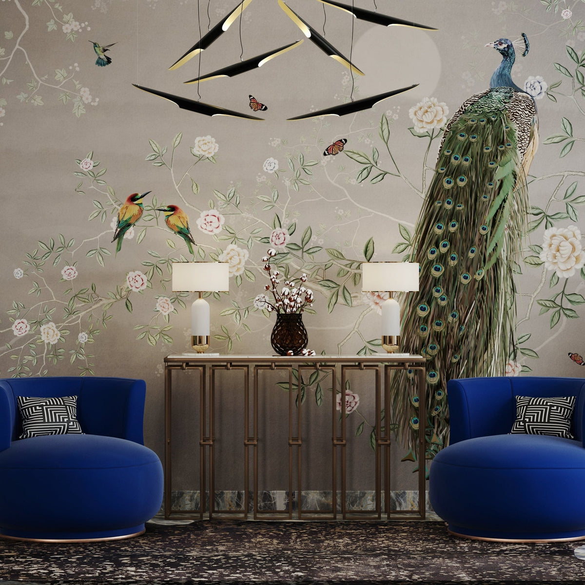 Smooth pearl printable wallcovering illustrated with a peacock and botanical mural in a sitting room.